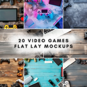 Pode incluir: Uma coleção de 20 maquetes de design plano de videogames com vários acessórios de jogo, controladores e dispositivos em diferentes fundos, incluindo superfícies de madeira, azul e cinza. O texto "20 VIDEO GAMES FLAT LAY MOCKUPS" é exibido no centro da imagem.