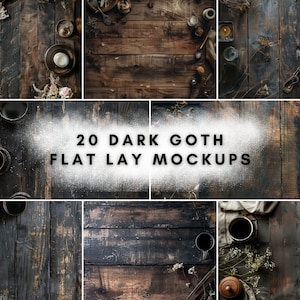 May include: 20 dark gothic flat lay mockups featuring various textures and props, including wood, fabric, candles, and flowers.  These mockups are perfect for showcasing products or creating a moody aesthetic.