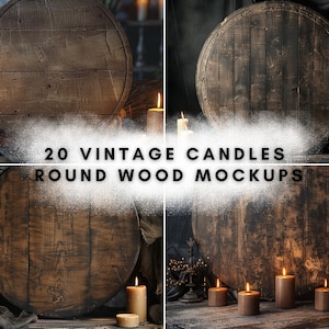May include: 20 vintage candle mockups featuring round wooden panels with a rustic, aged look. The panels are surrounded by lit candles, creating a warm and inviting atmosphere.