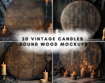 20 Vintage Candles Round Wood Mockup Bundle | Digital Background Mock up | Product Backdrops | Goth Vibes Mockups