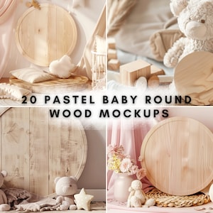 May include: A set of 20 round wooden mockups in various pastel colors, perfect for showcasing baby products or branding. The mockups are displayed in different settings, including a nursery with a pink and white rug, a white crib, and a teddy bear.