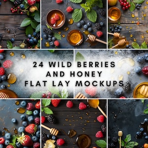 24 Wild Berries and Honey Flat Lay Mockup Bundle | Digital Background Mock up | Product Backdrops