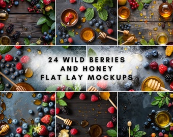 24 Wild Berries and Honey Flat Lay Mockup Bundle | Digital Background Mock up | Product Backdrops