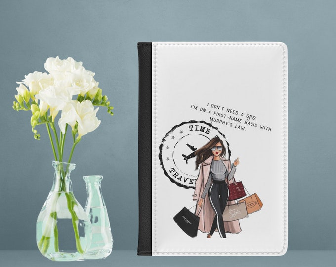 Featured listing image: Black Back Passport Case with White Front - Adorable Girl and Suitcase Graphic