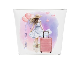 Traveler Cosmetic Bag , Personal Gift Pouch , Custom Gift , Women walking with suitcase