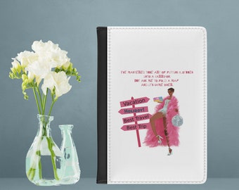 Unique Passport Holder with Girl and Suitcase Print - Black and White Stylish Design