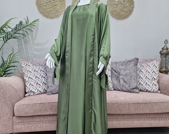 Two Piece Silk Abaya Womanswear Sleeve Tie Design