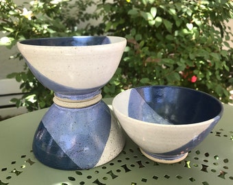 Set of 3 Handmade Ceramic Bowls Blue and White, Wheel Thrown Pottery