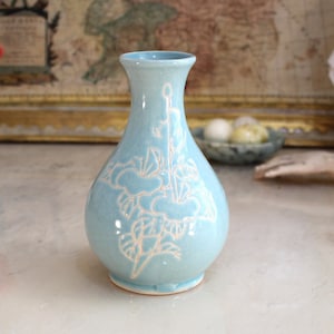 Vintage blue bud vase - unique crackle finish - vase for flowers - white flower pattern