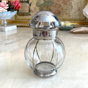 Vintage dresser jar - glass & silver bottle - storage jar for vanity - perfume powder cosmetics