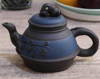 Vintage Chinese teapot - handmade brown & teal ceramic tea pot - Yixing style pottery - bamboo and cherry blossoms - 7 oz