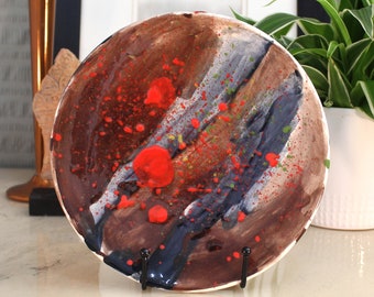 Vintage colorful art plate - red studio pottery - abstract ceramic plate - signed Luke WAS - modern wall art