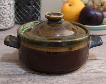 Vintage individual serving dish - 1970s retro pottery casserole - brown drip glaze serving bowl - lidded lug-handled earthenware server