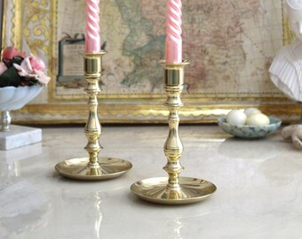 Vintage brass candle holders - tall brass-plated taper candlesticks with drip trays - gift for Candle Collector