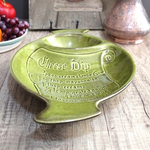 Vintage chip & dip bowl with cheese dip recipe - green California pottery - fruit veggie tray - ceramic serving bowl - 1960s retro kitsch