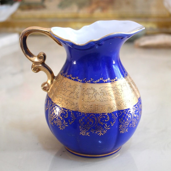 Vintage blue pitcher - royal blue and gold ewer - cobalt blue vase for flowers - hand-painted - Arnart - gift for her
