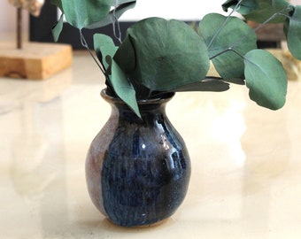 Tiny vintage bud vase for flowers - small blue & tan ceramic vase - signed art pottery