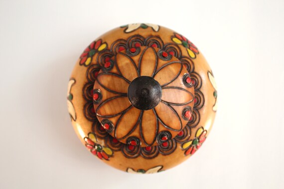 Vintage carved wood box & painted plate - colorfu… - image 3