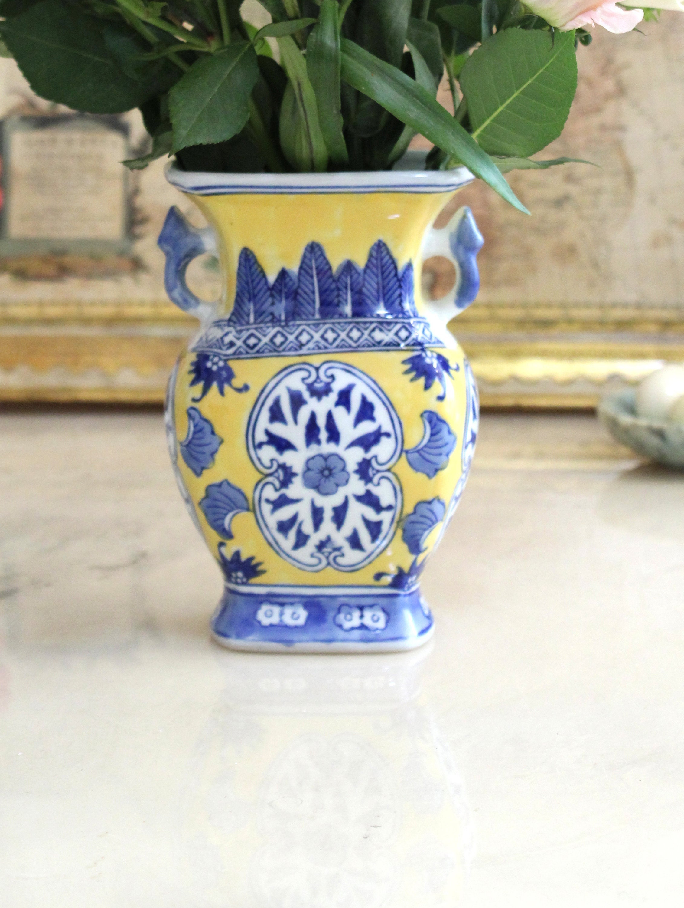 Vintage Vase Blue & Yellow Chinoiserie - Ceramic Vase for
