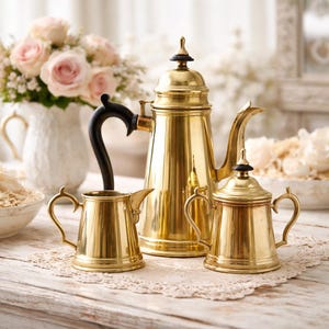 Pode incluir: Um conjunto de três peças de serviço de chá ou café em latão antigo. O conjunto inclui uma cafeteira alta, um cremeiro e um açucareiro com tampa. A cafeteira tem uma pega preta. As peças estão sobre uma toalha de renda.
