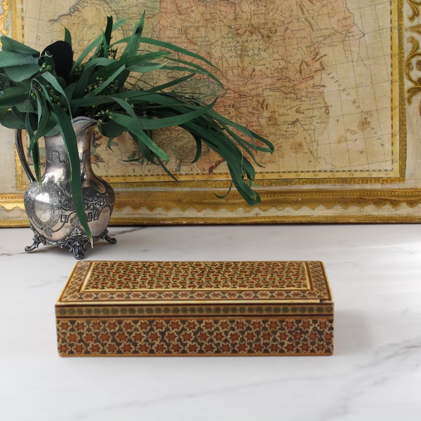 Vintage wood mosaic box - inlaid wooden trinket/jewelry box - decorative marquetry storage organization box