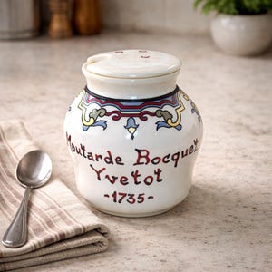 以下が含まれることがあります： 赤、青、黄色の手描きの花柄が特徴の、蓋付きの白いセラミックマスタードジャー。「Moutarde Bocq Yvetot -1735-」と黒と赤の筆記体でラベルが貼られています。スプーンとストライプの布がジャーの隣にあります。