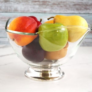 Vintage glass & silver bowl - large glass dish with silver-plated pedestal base - footed fruit or serving bowl