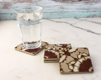 4 vintage tile coasters - small square glazed ceramic drink coasters - brick red, beige, and white