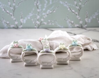 6 vintage china napkin rings - ceramic Capodimonte style flowers - pastel roses & leaves - Lenwile Ardalt Verithin