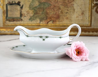 Vintage gravy boat & saucer - green and white sauce dish w/ attached plate - CT Altwasser Silesia - Carl Tielsch