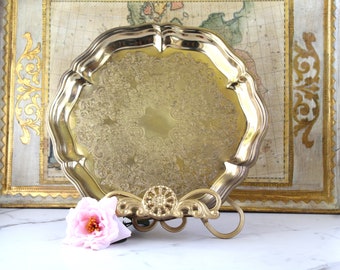 Vintage brass tray - ornate serving platter with scalloped edge