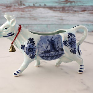 Vintage cow creamer - blue ceramic milk jug - DBL Delft floral