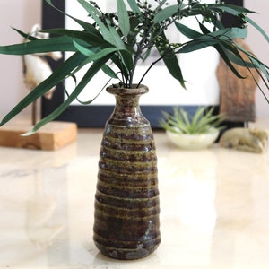 Vintage raku bud vase - olive green & brown - rustic ceramic vase for dried flowers - signed art pottery