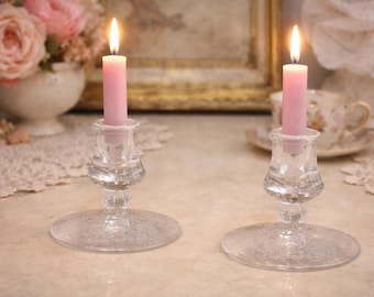 Portacandele in vetro vintage - candelieri in vetro trasparente inciso stile Depressione - regalo per lei