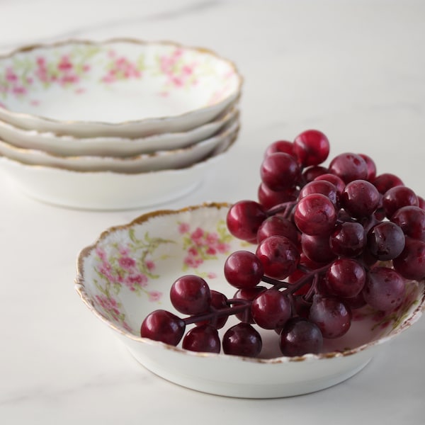 Vintage berry bowls - pink and white flowered ceramic nappy bowls - Bawo & Dotter Elite Works - Limoges France
