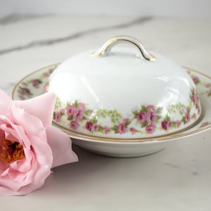 Pink flowered butter dish with lid