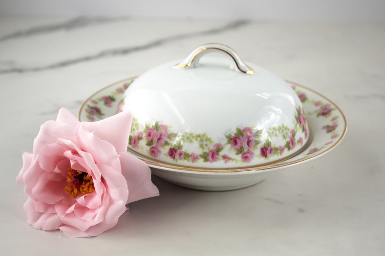 Pink flowered butter dish with lid