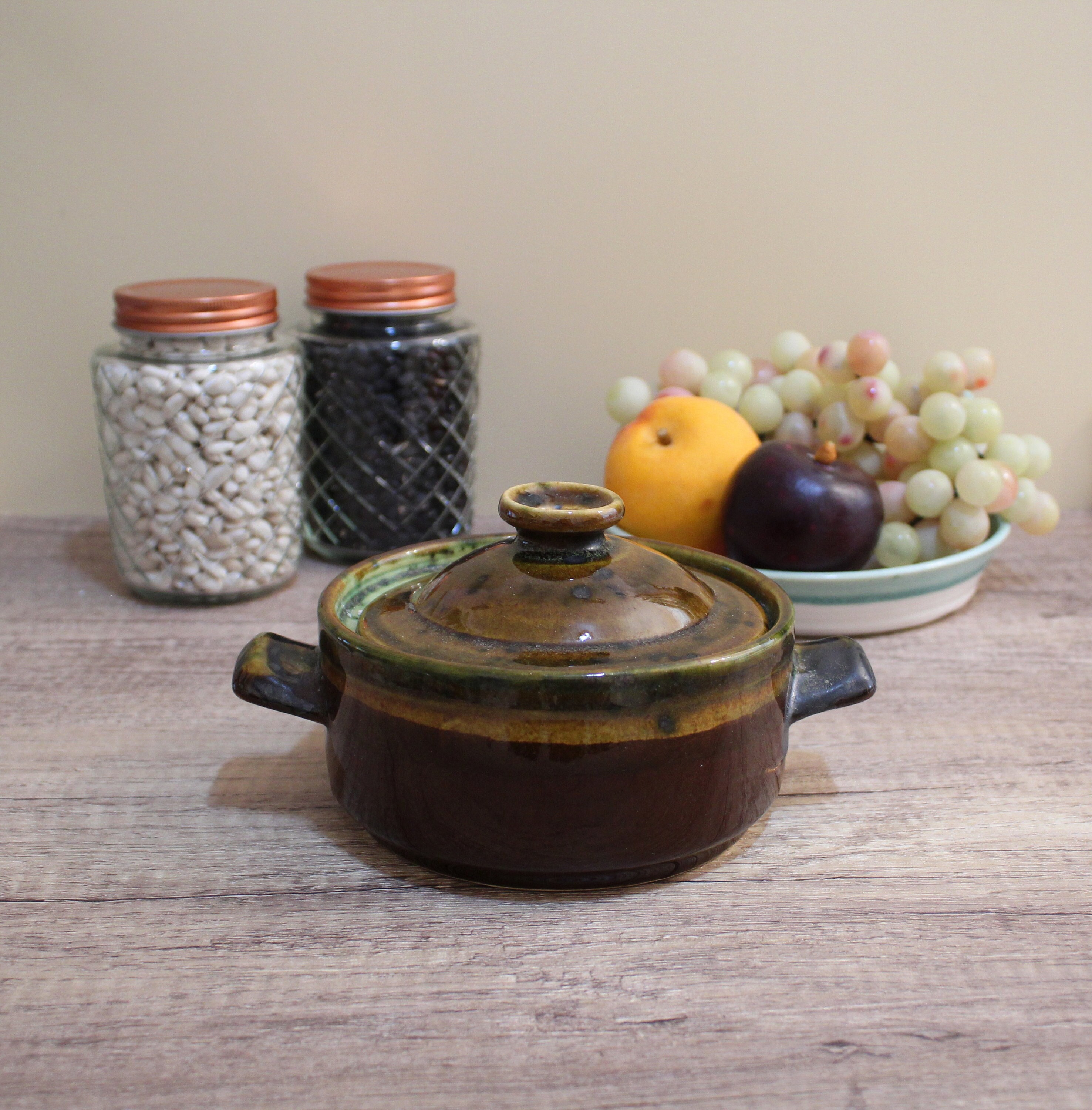 Vintage individual serving dish - 1970s retro pottery casserole - brown drip glaze serving bowl - lidded lug-handled earthenware server
