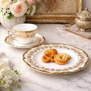 Juego de postre vintage: taza de té, platillo y plato de porcelana fina Coalport Hazelton