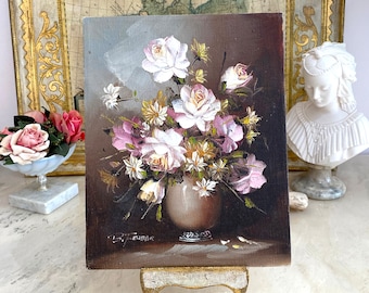 peinture à l'huile vintage sur toile - peinture de fleurs nature morte - bouquet floral rose rose - oeuvre d'art originale signée - B. Ferber