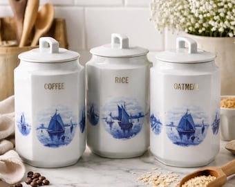 Vintage canisters - large kitchen storage jars - blue & white containers for oatmeal, rice, coffee