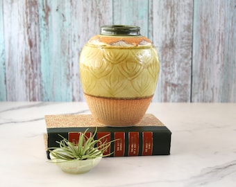 vase rustique vintage - vase en faïence pour fleurs - pot vert-beige et terre cuite - motif lotus - cadeau pour elle