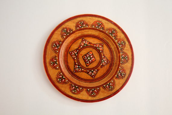 Vintage carved wood box & painted plate - colorfu… - image 4