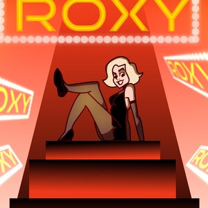 May include: A woman in a black dress and red heels sits on a set of red stairs. The background is red with white neon signs that say "ROXY" in yellow letters.