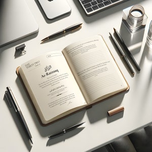 May include: An open brown leather journal with a white page showing the Arabic text "Ar-Razzaaq" and the English translation "The One Who Provides". The journal is open to a page with the title "Day Thirty Two" and the name "Ar-Razzaaq".