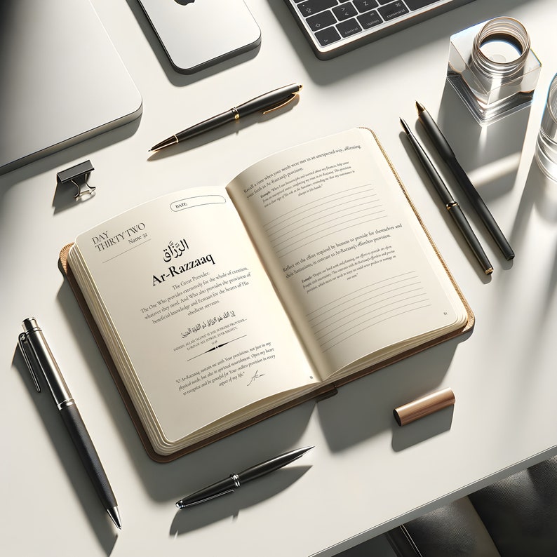 May include: An open brown leather journal with a white page showing the Arabic text "Ar-Razzaaq" and the English translation "The One Who Provides". The journal is open to a page with the title "Day Thirty Two" and the name "Ar-Razzaaq".