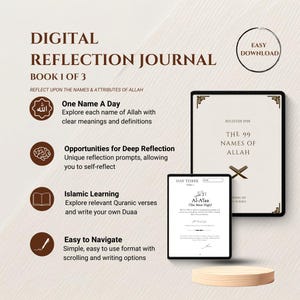 Puede incluir: Diario de reflexi&oacute;n digital con un dise&ntilde;o marr&oacute;n y blanco. El diario es para reflexionar sobre los 99 nombres de Al&aacute;. La portada presenta una ilustraci&oacute;n digital de un diario con el texto "Los 99 nombres de Al&aacute;" y una ilustraci&oacute;n estilizada de una cruz.