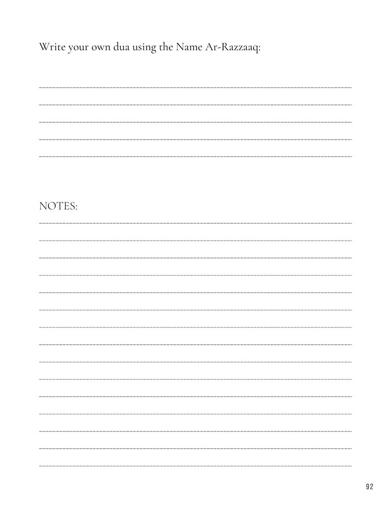 May include: A blank worksheet with the text "Write your own dua using the Name Ar-Razzaaq:" at the top and the word "NOTES:" below a line of dashes. The worksheet has lines for writing.
