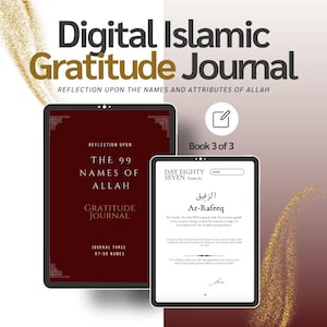 Pode incluir: Um diário digital de gratidão islâmico com uma capa vermelha e o texto "Reflexão sobre os 99 nomes de Alá" e "Diário de gratidão". O diário está aberto em uma página com o texto "Dia Oitenta e Sete" e "Ar-Rafeeq".