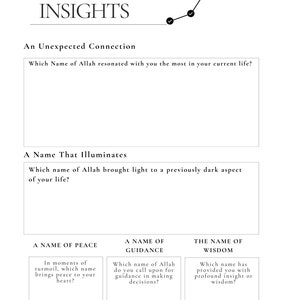 May include: A printable worksheet with a black and white graphic of a line graph with check marks. The worksheet is titled "Personal Insights" and includes questions about names of Allah and their significance in life.
